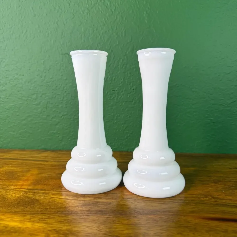 Vintage Milk Glass Vase Set Two Bud Vase Glasses